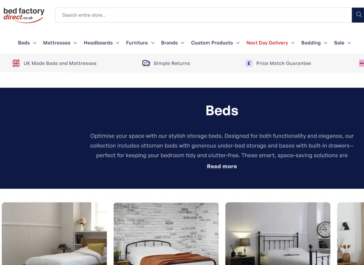 Bed Factory Direct website screenshot